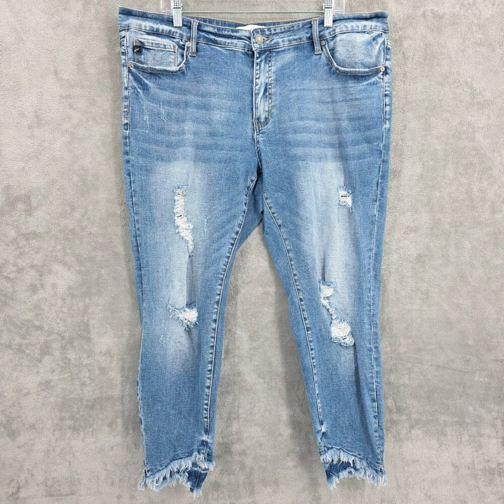 Kancan Mid Rise Ankle Skinny Jeans 3XL Medium Wash Blue Distressed Frayed Hems